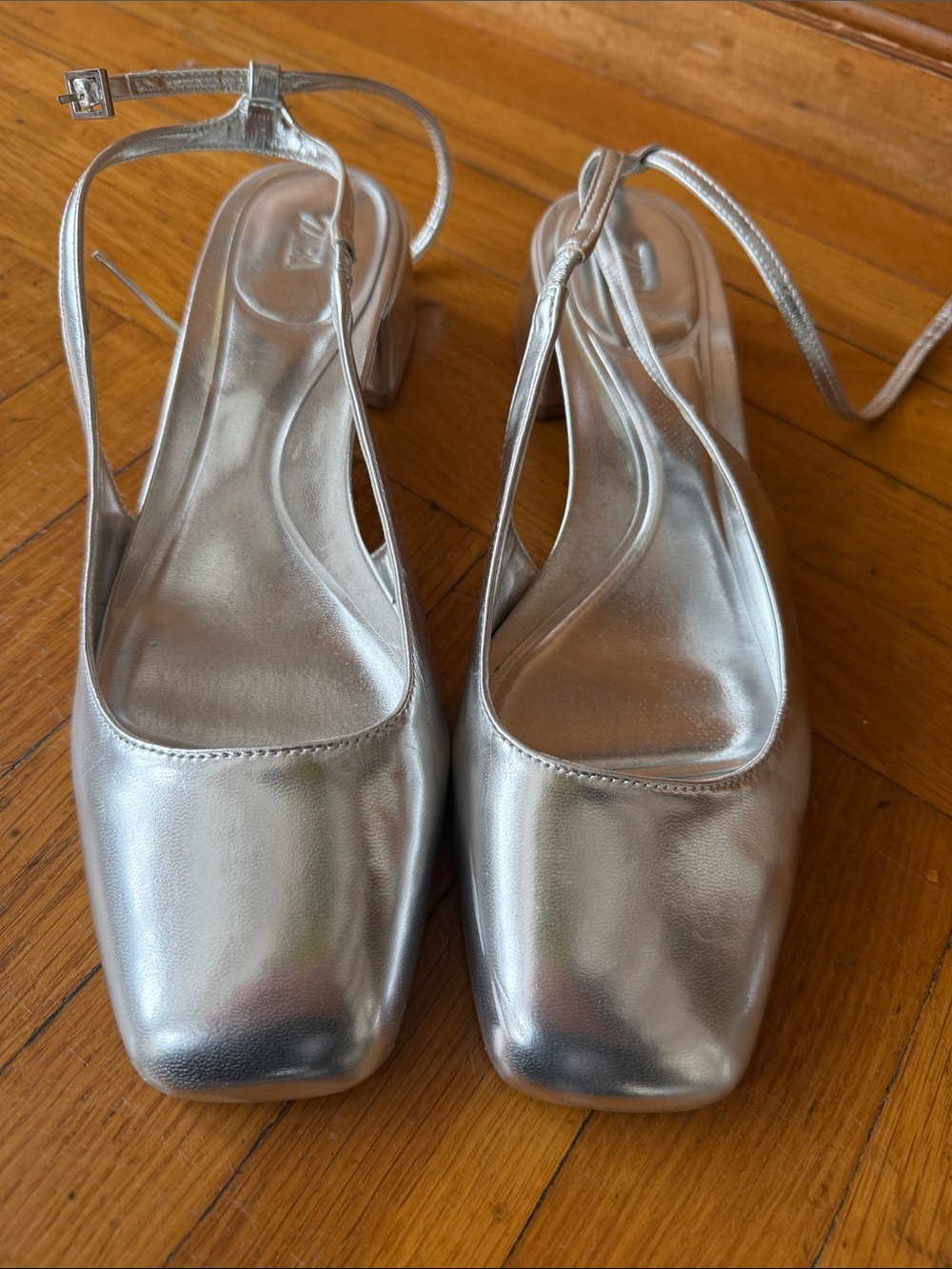 Zara Silver Square-Toe Slingback Heels
